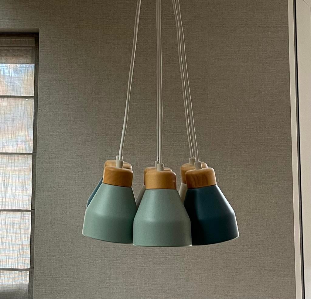 Cluster design hanglamp Albert, Huis en Inrichting, Lampen | Hanglampen, Ophalen, Zo goed als nieuw, Hout, Minder dan 50 cm