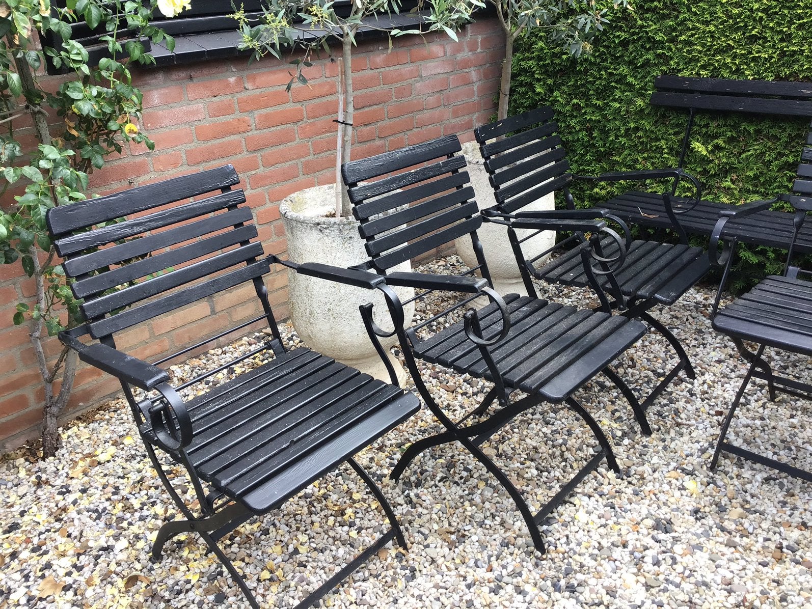 Tuinstoel ijzer en hout 4 stuks, Tuin en Terras, Tuinstoelen, Ophalen, Gebruikt, Metaal, Inklapbaar