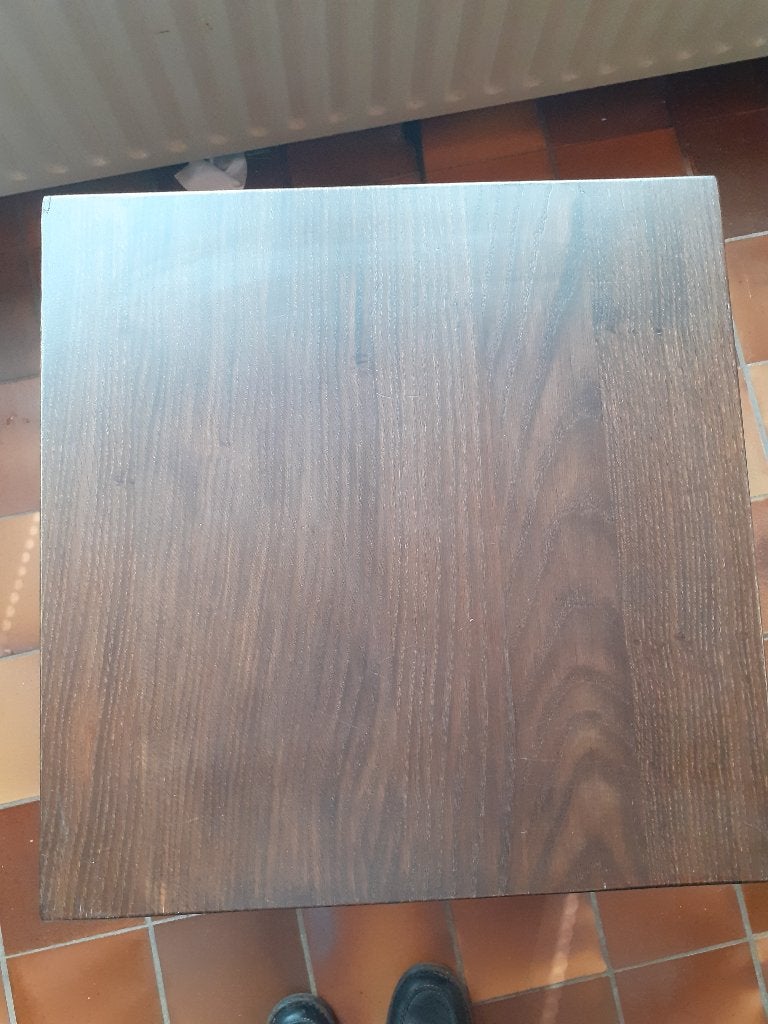 Vierkante donker eiken tafel 60 x 60  /  50cm hoog, Gebruikt, 55 tot 75 cm, Rechthoekig, Hout