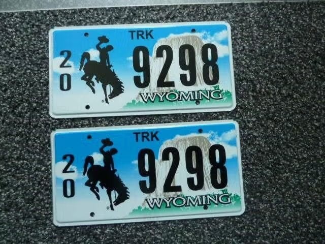 Paar USA License plate / kentekenplaten Wyoming USA, Verzenden, Gebruikt, Auto's