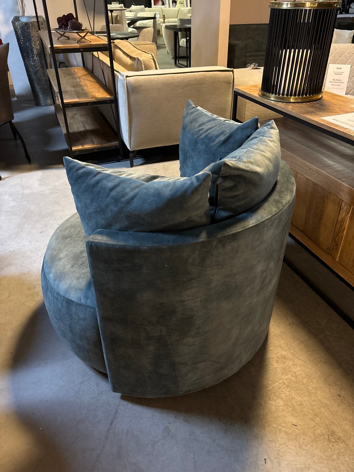 Ronde Fauteuil - 110 cm - Blauw/Groen SHOWROOM OPRUIMING, Huis en Inrichting, Ophalen, Gebruikt, Stof, 100 tot 125 cm