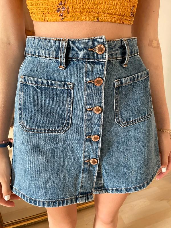 Jeansrok Bershka maat 32/S, Blauw, Zo goed als nieuw, Maat 34 (XS) of kleiner, Boven de knie