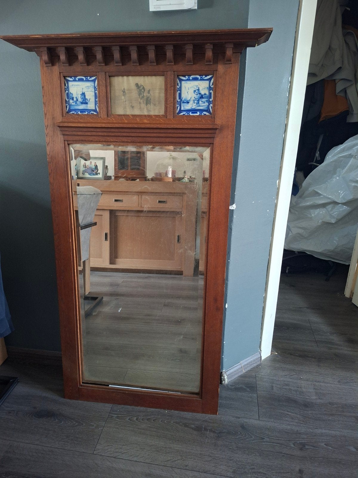 Antiek houten spiegel., Antiek en Kunst, Ophalen, Rechthoekig, 50 tot 100 cm, 100 tot 150 cm