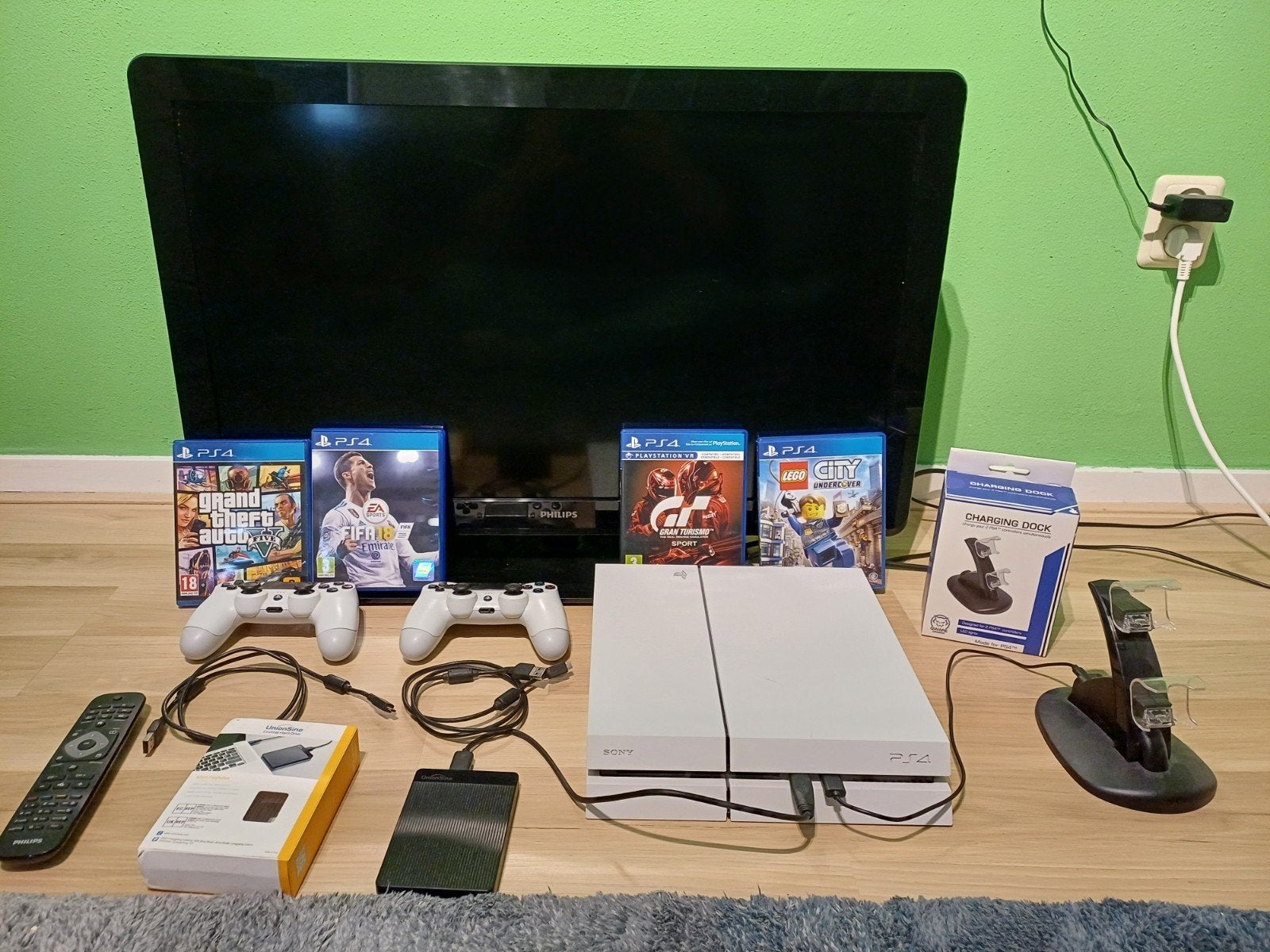 PS4, 2 controllers, 5 games, scherm, extra harddrive, Spelcomputers en Games, Ophalen, Gebruikt, Met 2 controllers, 1 TB