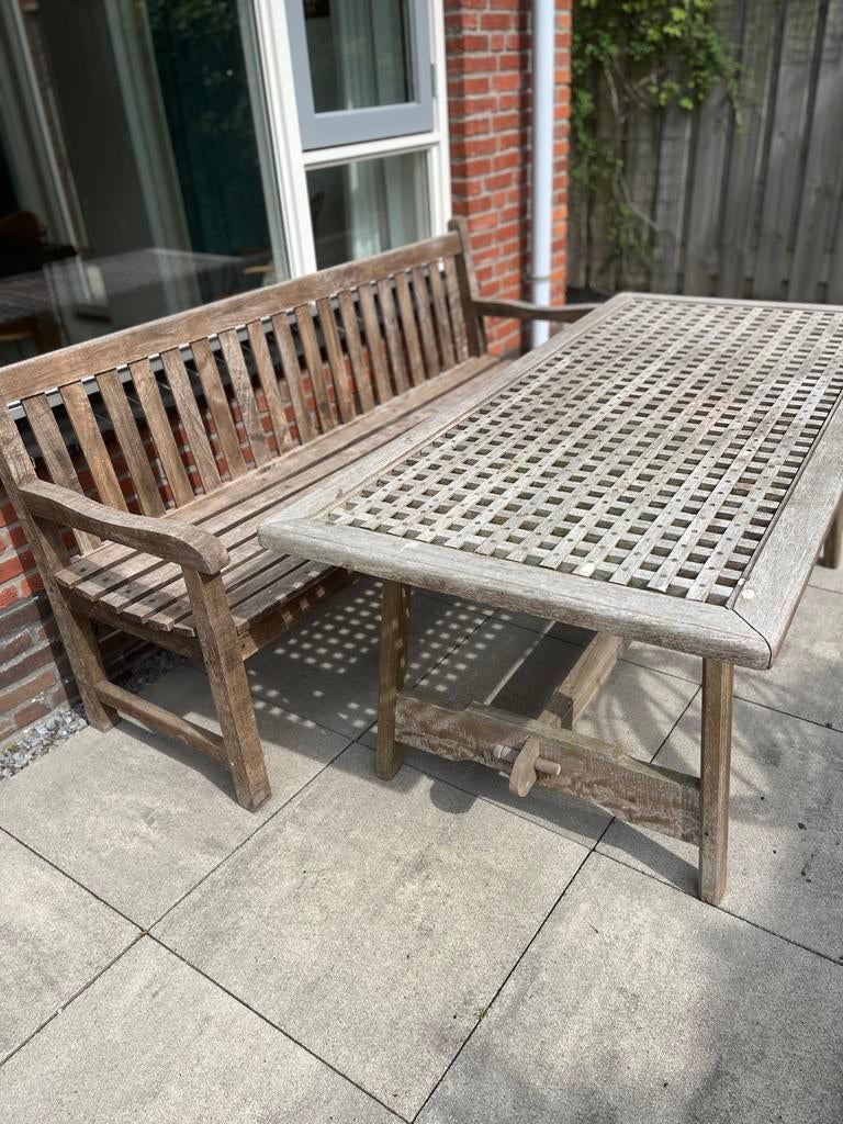 Teakhouten tuinbank tafel reeds verkocht, Ophalen, Gebruikt, Rechthoekig, Teakhout