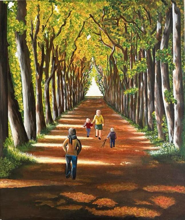 Schilderij 'Lente Zondag' - Wandeling in het bos 50x60cm, Ophalen