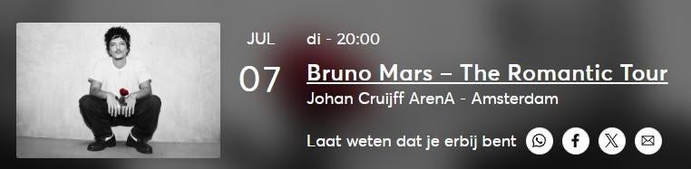 2  stuks Official Platinum Ticket vak 129 Bruno Mars 7 juli, Twee personen, Juli