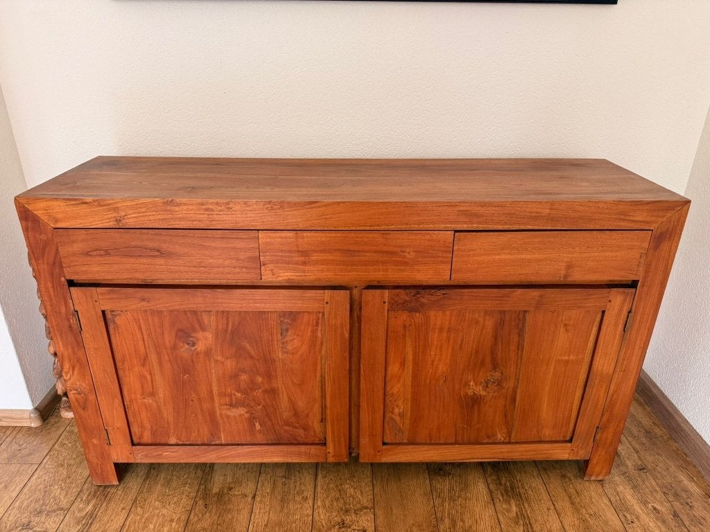 Teak houten dressoir 140 x 39 x 80 cm, Ophalen, Gebruikt, 25 tot 50 cm, Met deur(en)