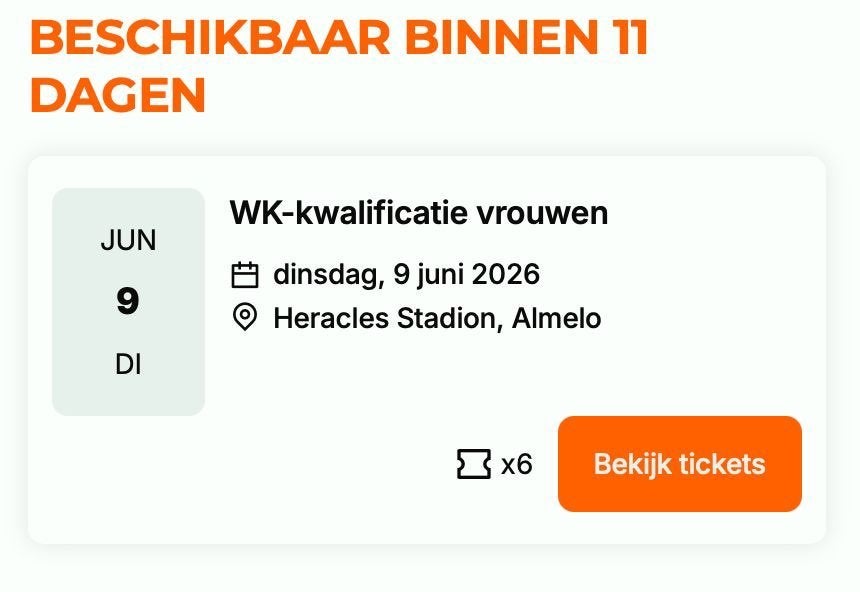 gratis 6 tickets WK-kwalificatie vrouwenvoetbal Oranje 9 jun, Tickets en Kaartjes, Drie personen of meer, Juni