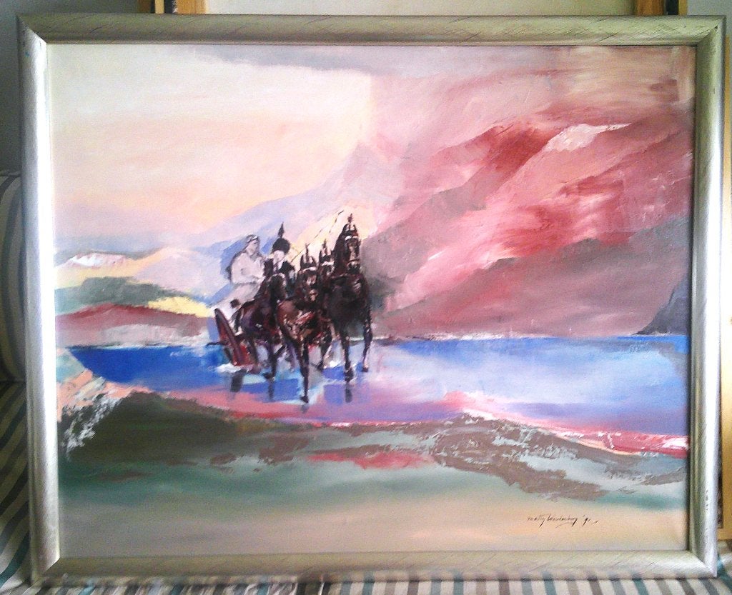 Paardenkoets met bruidspaar ? 1991 - Matty Woudenberg, Ophalen, Doek, Portret of Personen, Impressionistisch