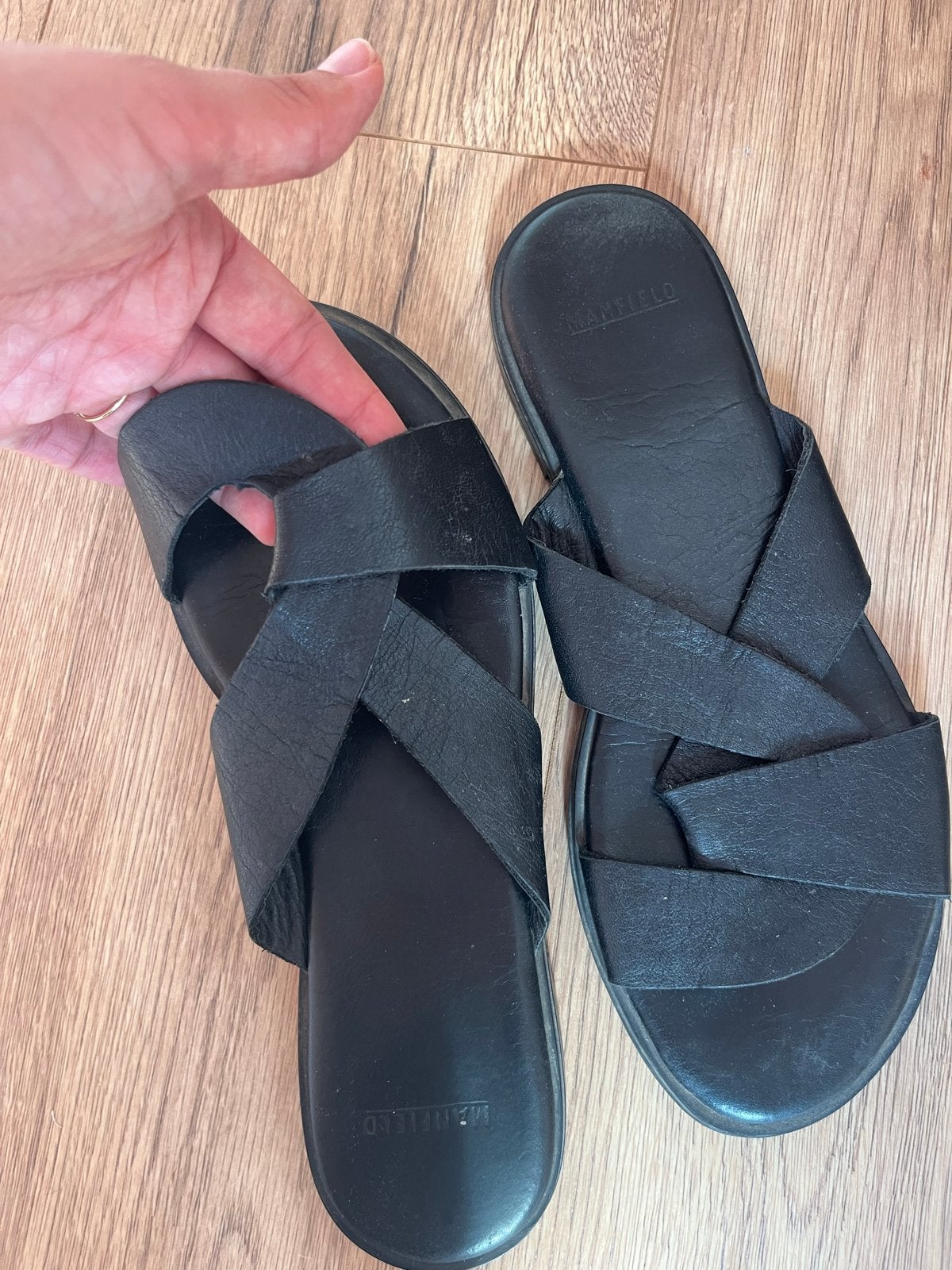 Manfield zwarte leren sandalen maat 37, Ophalen of Verzenden, Gedragen, Zwart, Sandalen of Muiltjes