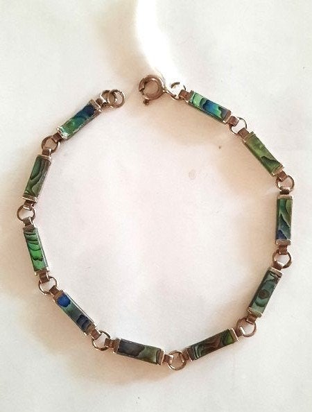 Prachtige vintage zilveren armband met Abalone Schelp (7912), Ophalen, Zo goed als nieuw, Zilver, Zilver