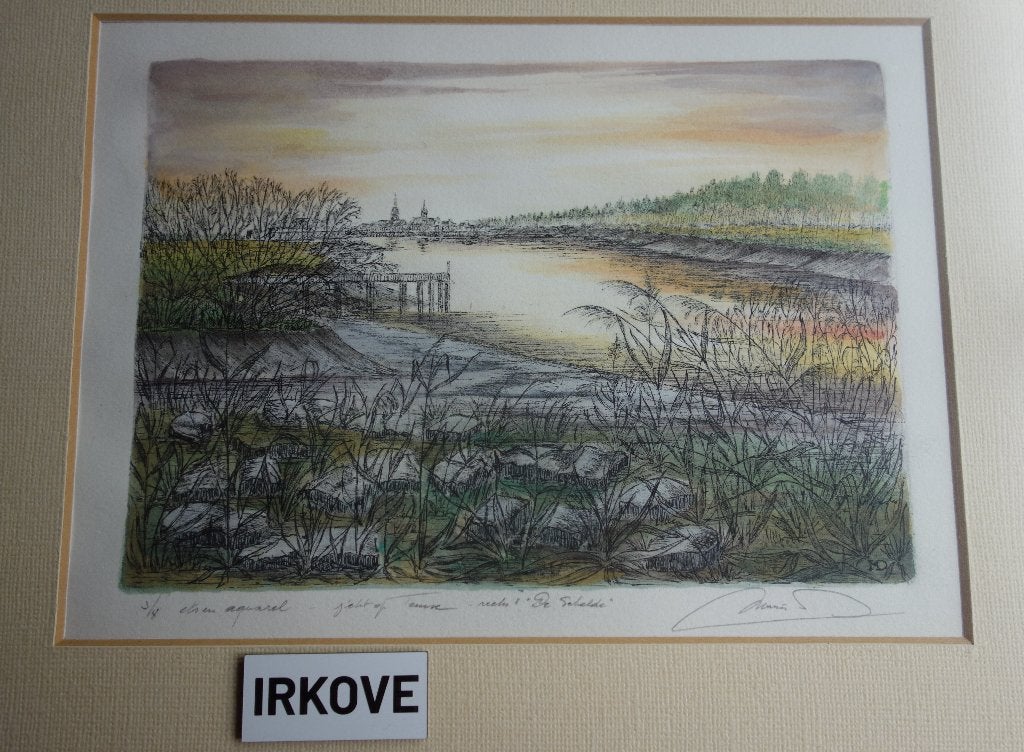 DE SCHELDE * ETS AQUAREL * Gesigneerd *, Ets, Ophalen of Verzenden, Met tekst, 36 cm
