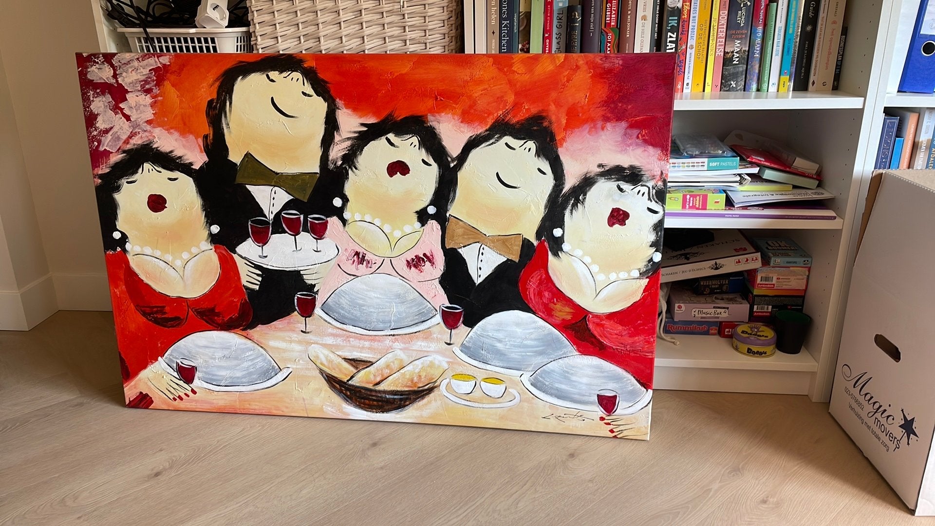 Schilderij ‘dikke vrouwen’ aan diner, Ophalen of Verzenden, Zo goed als nieuw, Schilderij