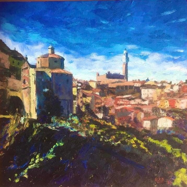 Uitzicht op Siena, olieverf op doek 55x55 cm, Ophalen