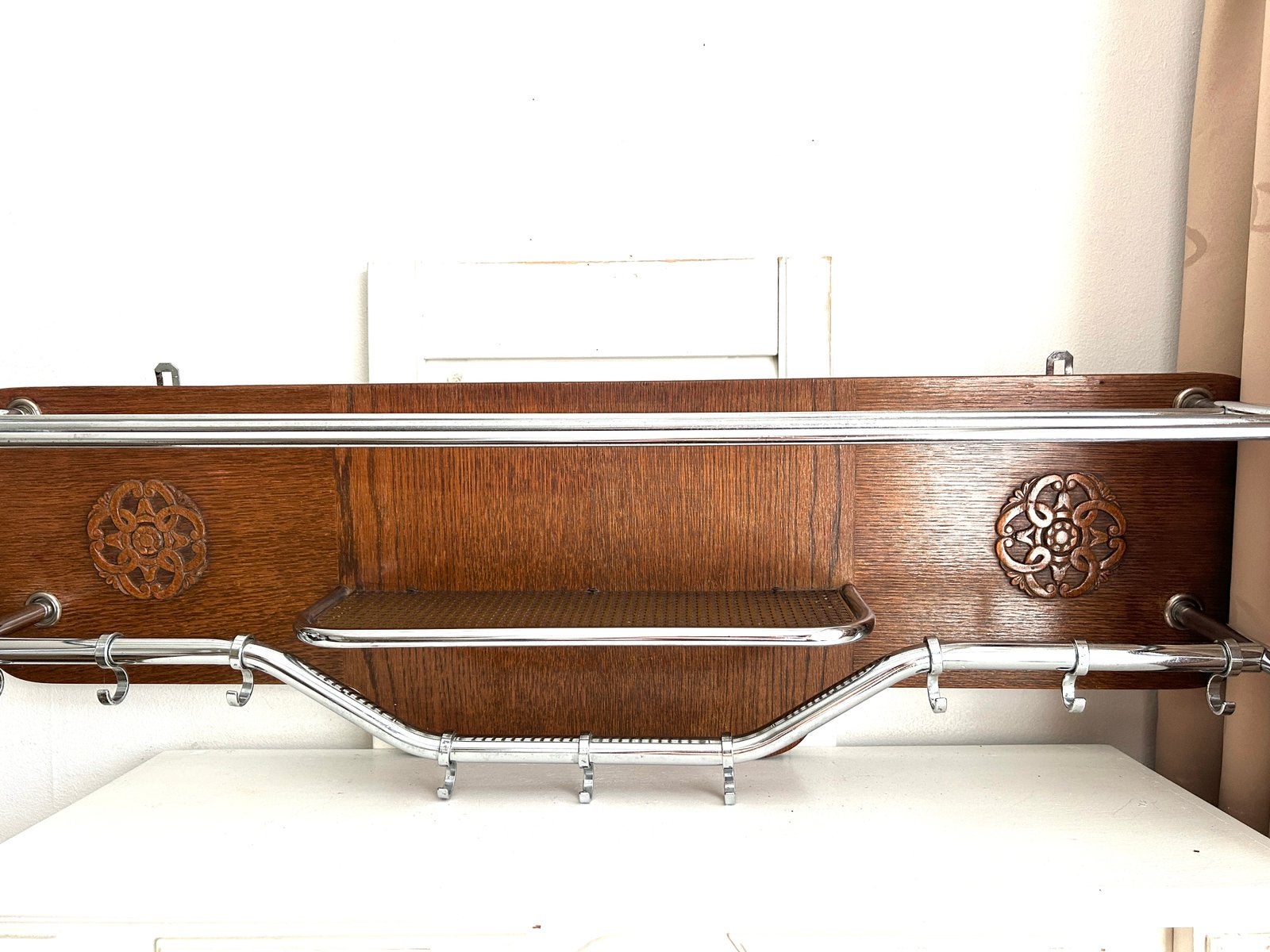 Antieke Art Deco wandkapstok hout en chroom 100 cm OPHALEN, Gebruikt, Minder dan 100 cm, Hout, Ophalen
