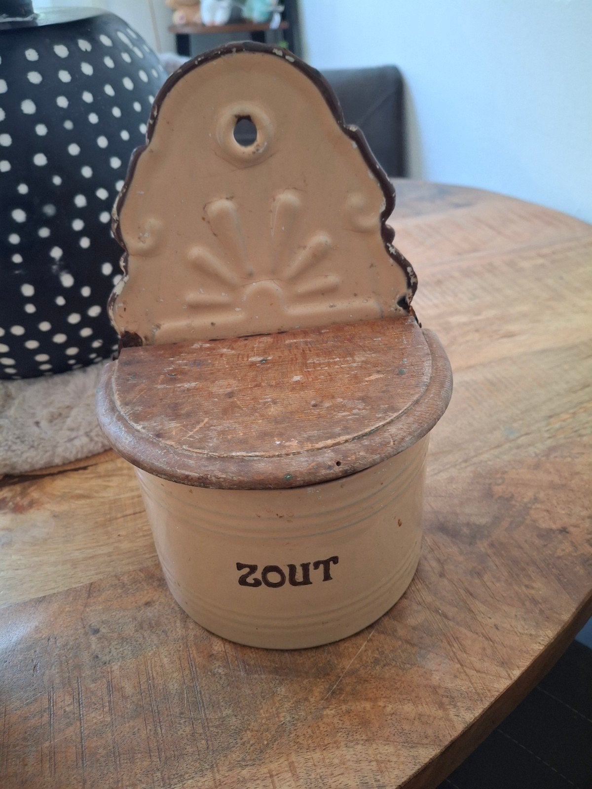 Vintage Zoutpotje - Emaille en Hout, Ophalen of Verzenden