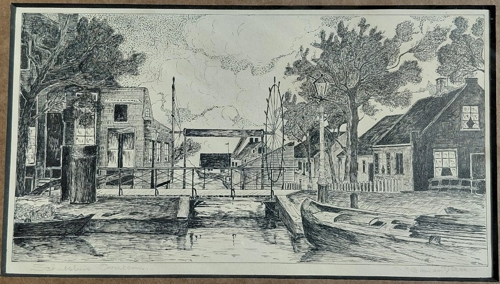 Ets: Schutsluis Overtoom, gesigneerd J E van de Velde, Ophalen of Verzenden, Stadsgezicht, Ets