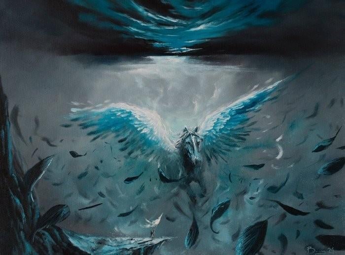 Olieverf schilderij van Pegasus, 30 x 40 cm, Ophalen of Verzenden