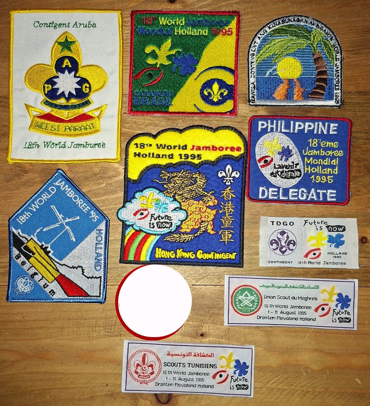 Wereld Jamboree 95 insignes €15= ps.
Scout, Verzamelen, Verzenden, Zo goed als nieuw, Embleem, Speld of Insigne