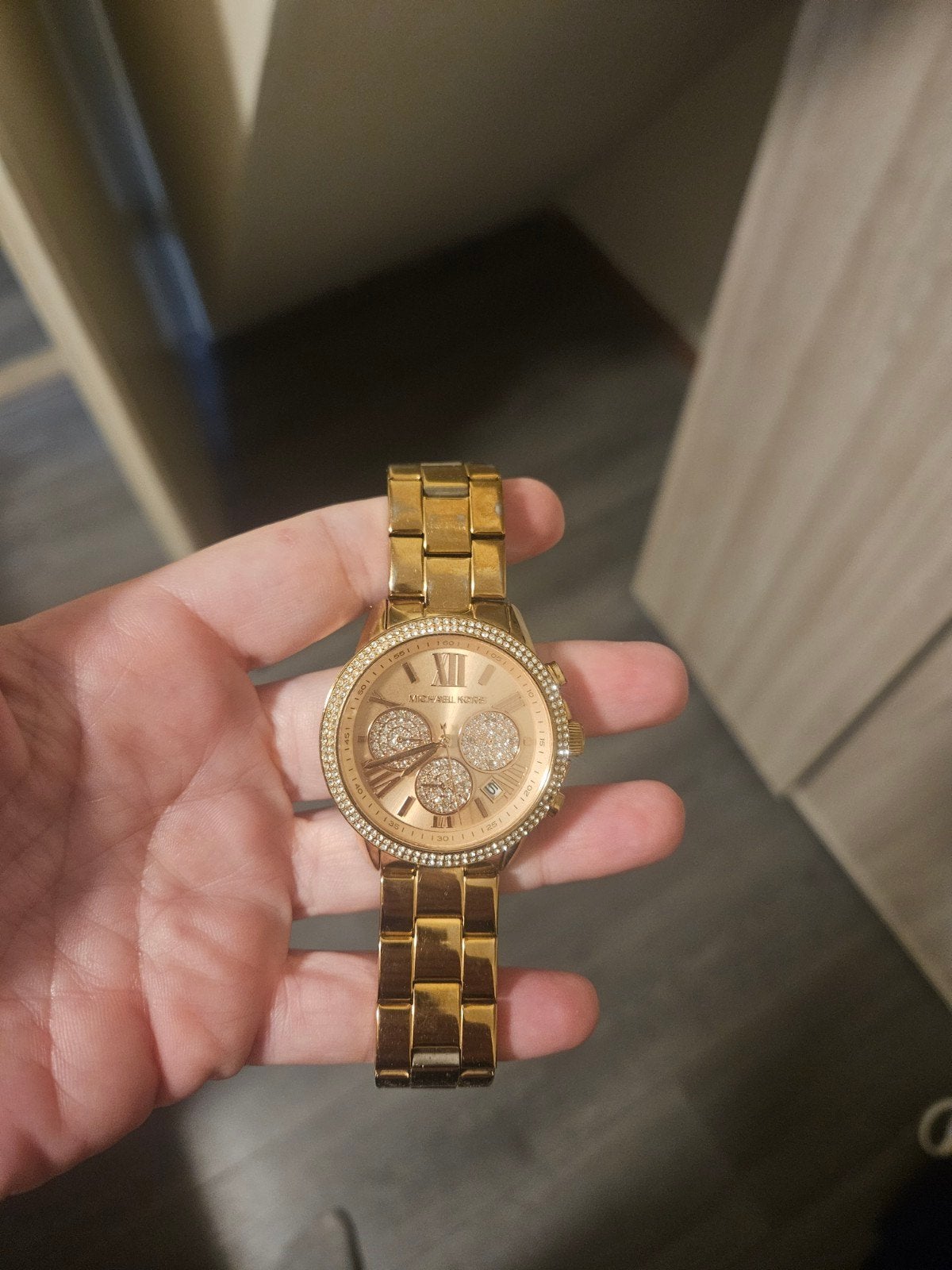 Michael Kors horloge goudkleurig met strass en doos, Overige merken, Staal, Gebruikt, Staal