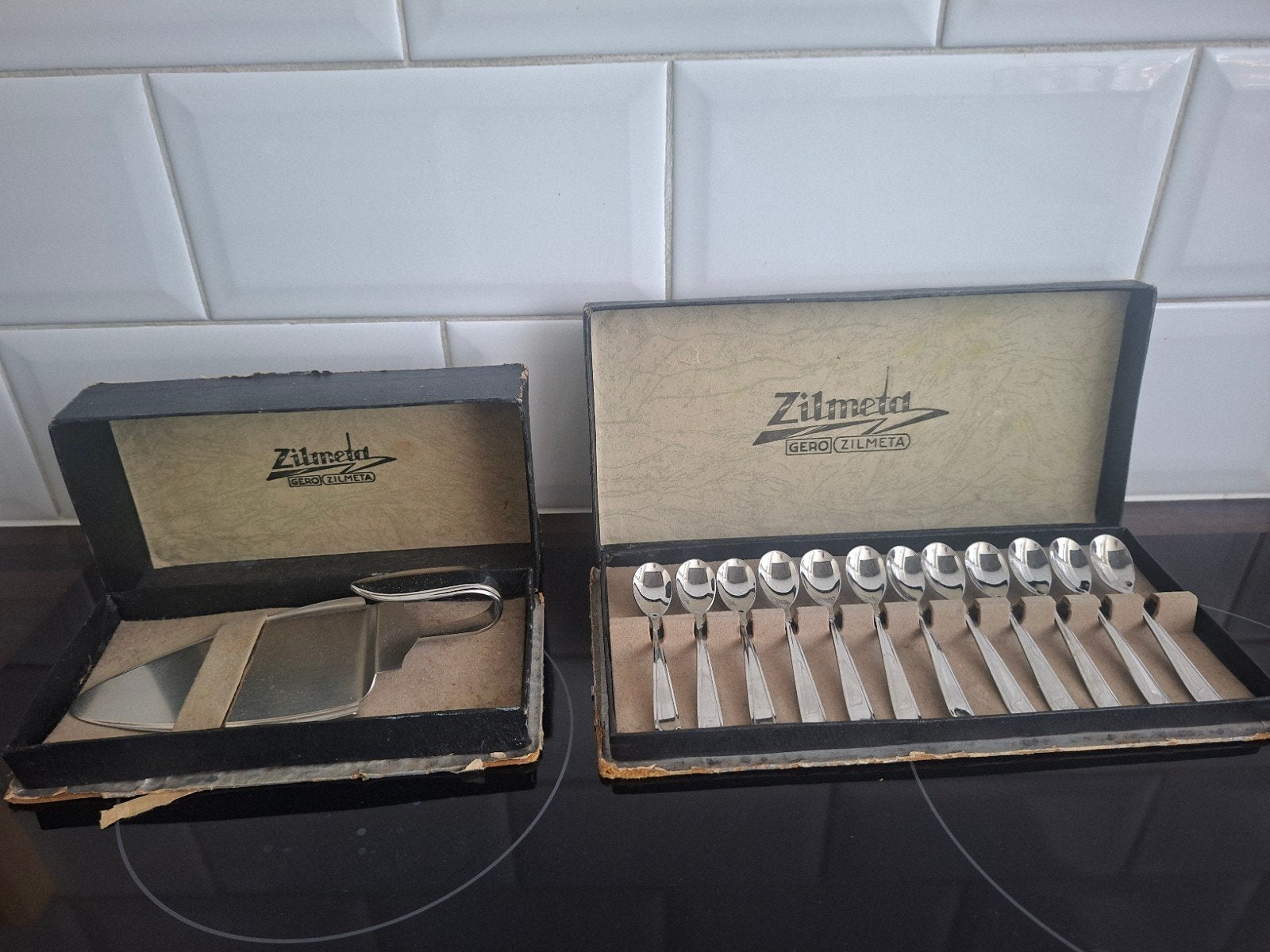 Vintage Zilmeta gebaksschep en lepeltjes set, Antiek en Kunst, Antiek | Bestek, Ophalen of Verzenden