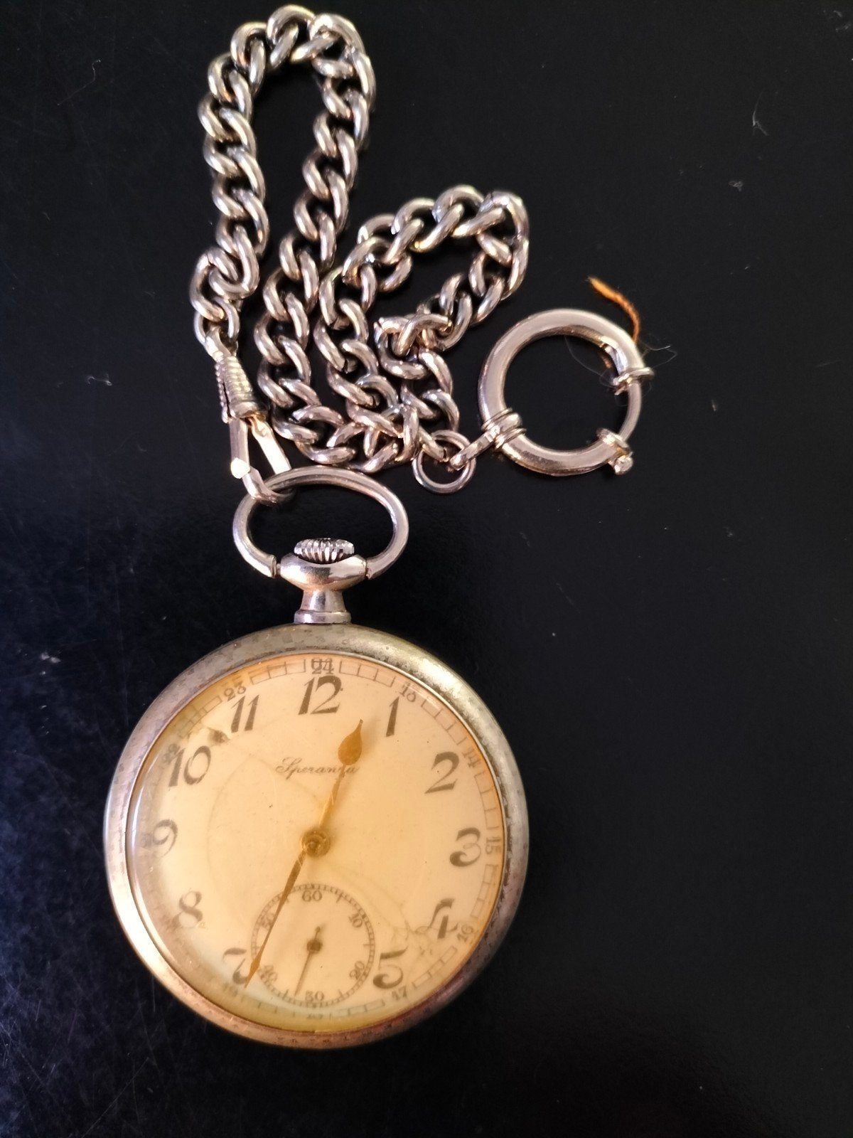 Vintage zakhorloge van nikkel met stalen ketting, Overige merken, Overige materialen, Zakhorloge, Ophalen of Verzenden