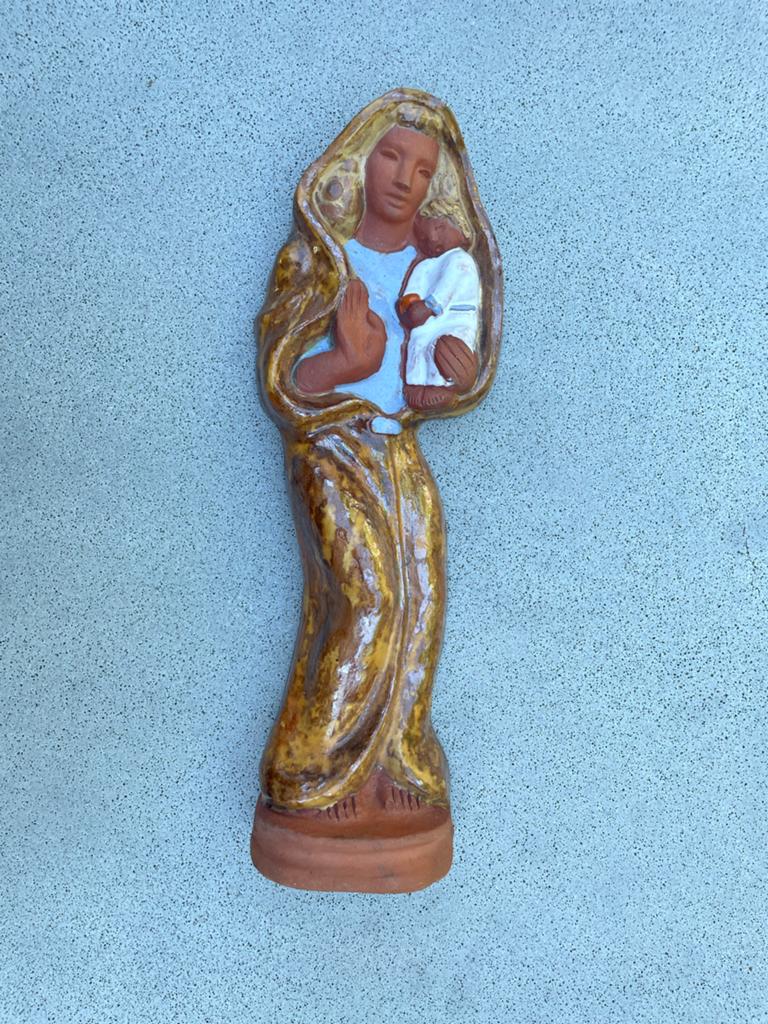 Vintage Terracotta Beeld Maria met Kind, gesigneerd, Antiek en Kunst, Ophalen of Verzenden