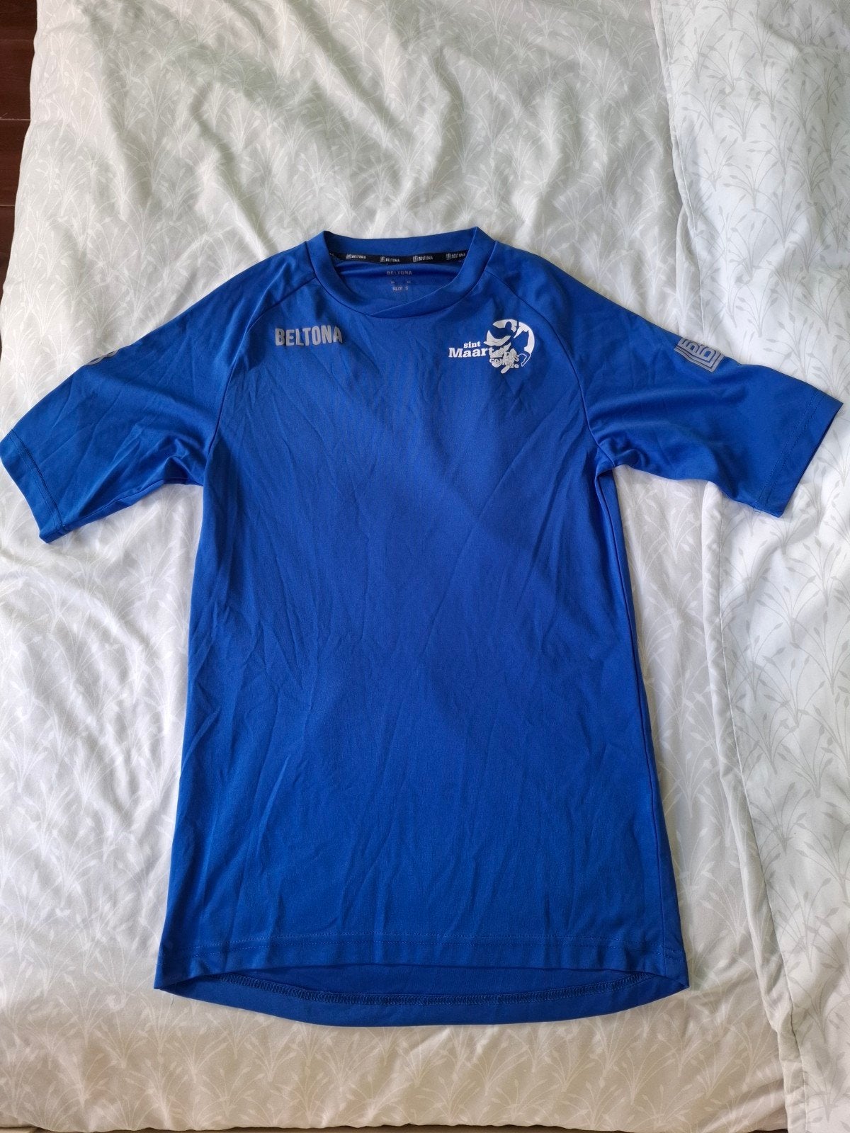 Gym t shirt sint maartens college maat s, Ophalen, Beltona, Blauw, Zo goed als nieuw