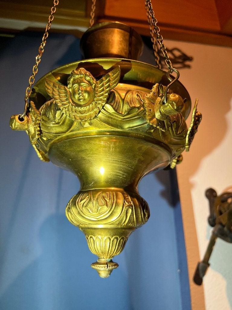 Godslamp kandelaar antiek koper messing, Ophalen of Verzenden