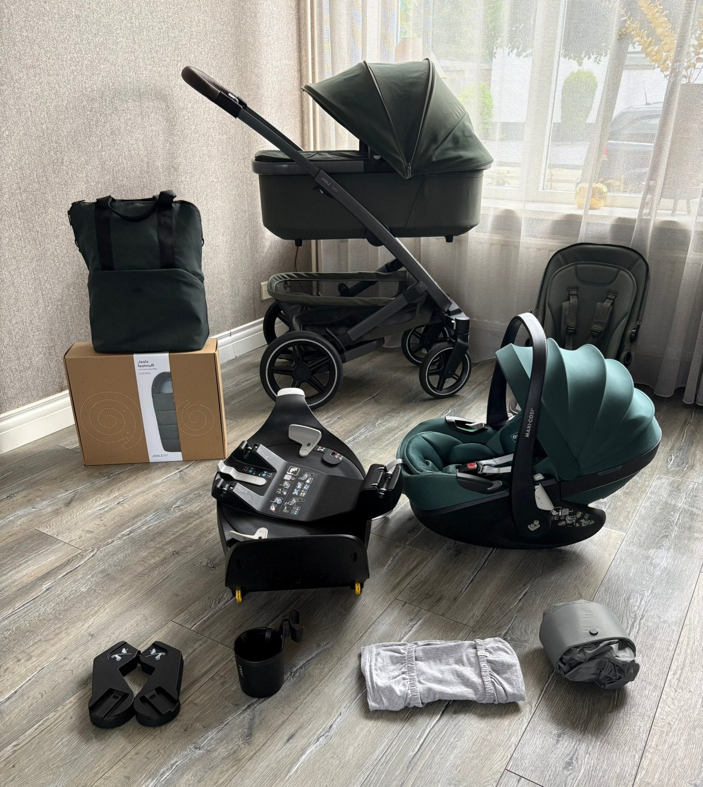 Joolz Geo 3 + Maxi Cosi Pebble Pro² + acc. + FamilyFix 360, Zo goed als nieuw, Verstelbare duwstang, Ophalen, Kinderwagen