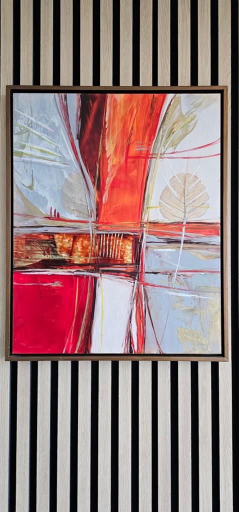 Origineel abstract schilderij Gloria Leconte in houten lijst, Ophalen of Verzenden