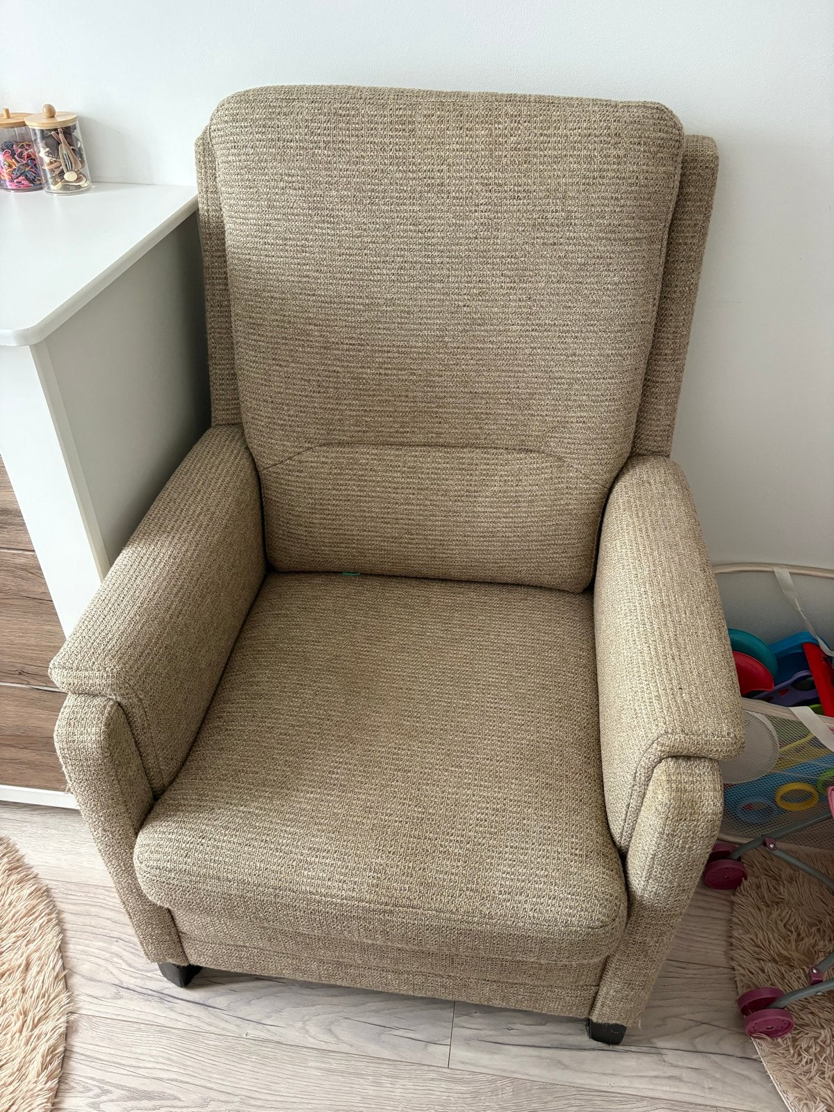 Comfortabele beige fauteuil - Zo goed als nieuw, Huis en Inrichting, Ophalen, 75 tot 100 cm, Zo goed als nieuw, Stof