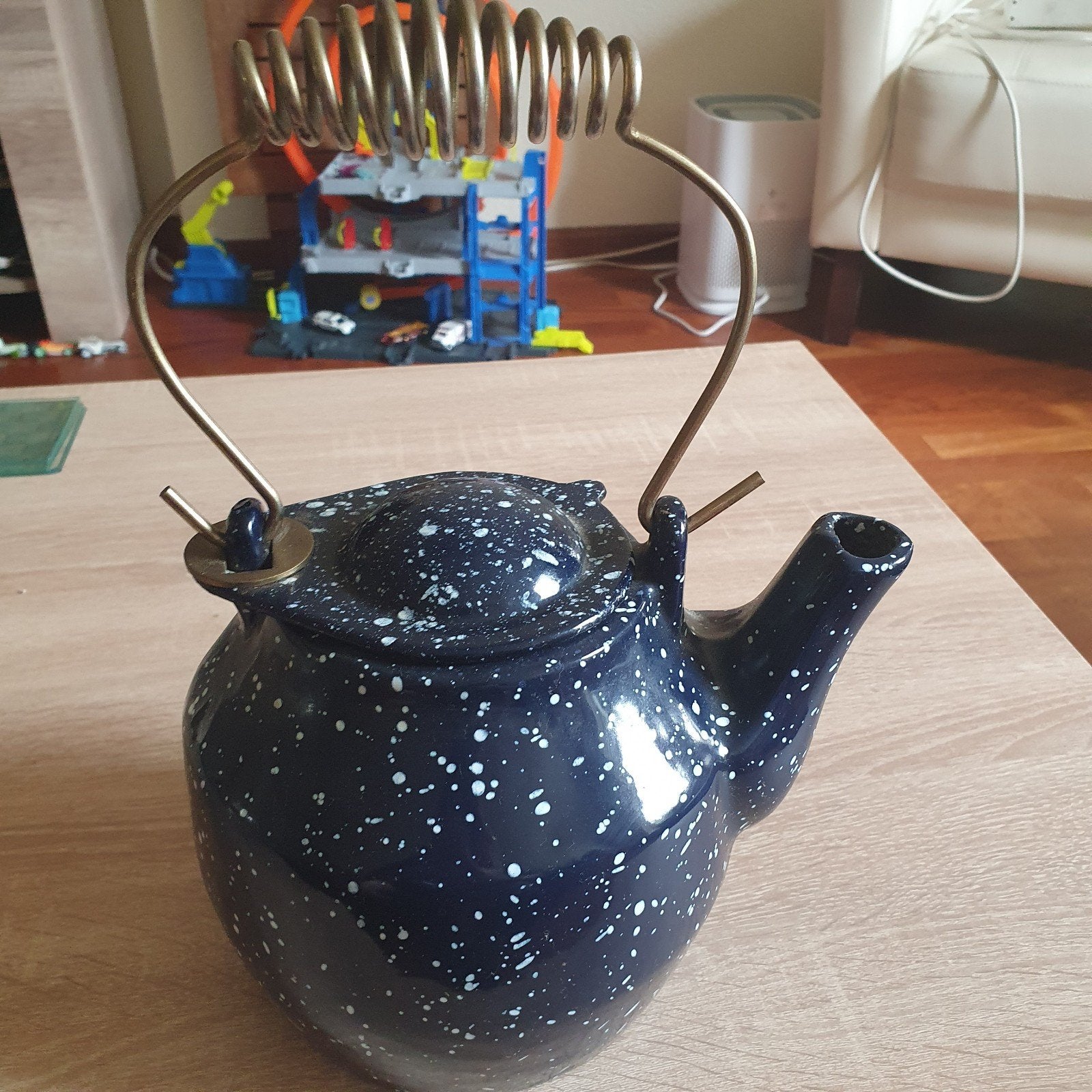 Vintage blauwe emaille theepot met spikkelpatroon, Ophalen