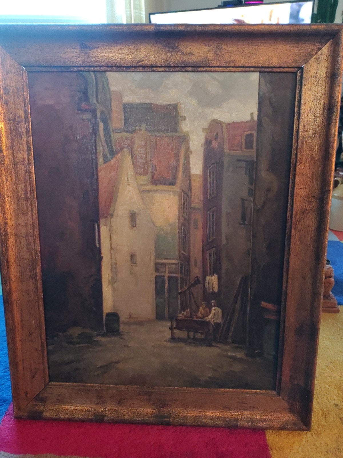 Olieverfschilderij: Stadsgezicht met figuren, gesigneerd, Doek, Realistisch, Origineel werk, Ophalen of Verzenden