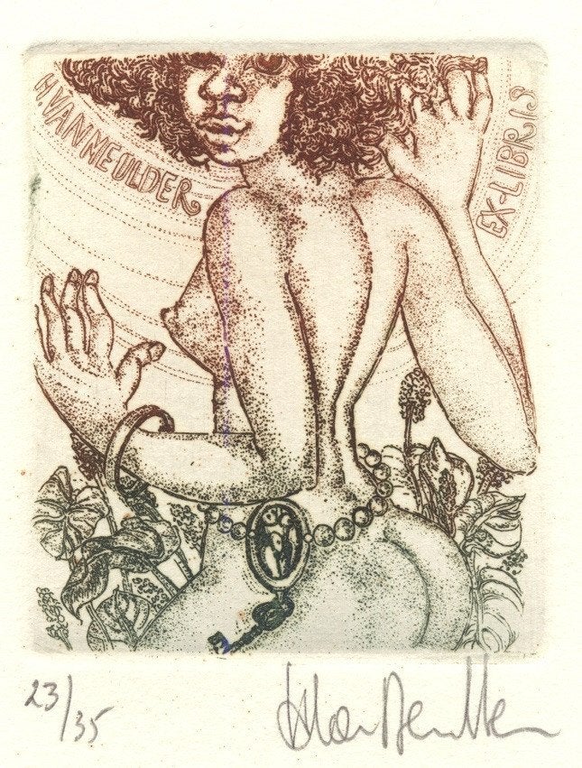 0158 Ex Libris België : Harlinde van Meulder, z.j., Antiek en Kunst, Kunst | Etsen en Gravures, Verzenden, Ex libris
