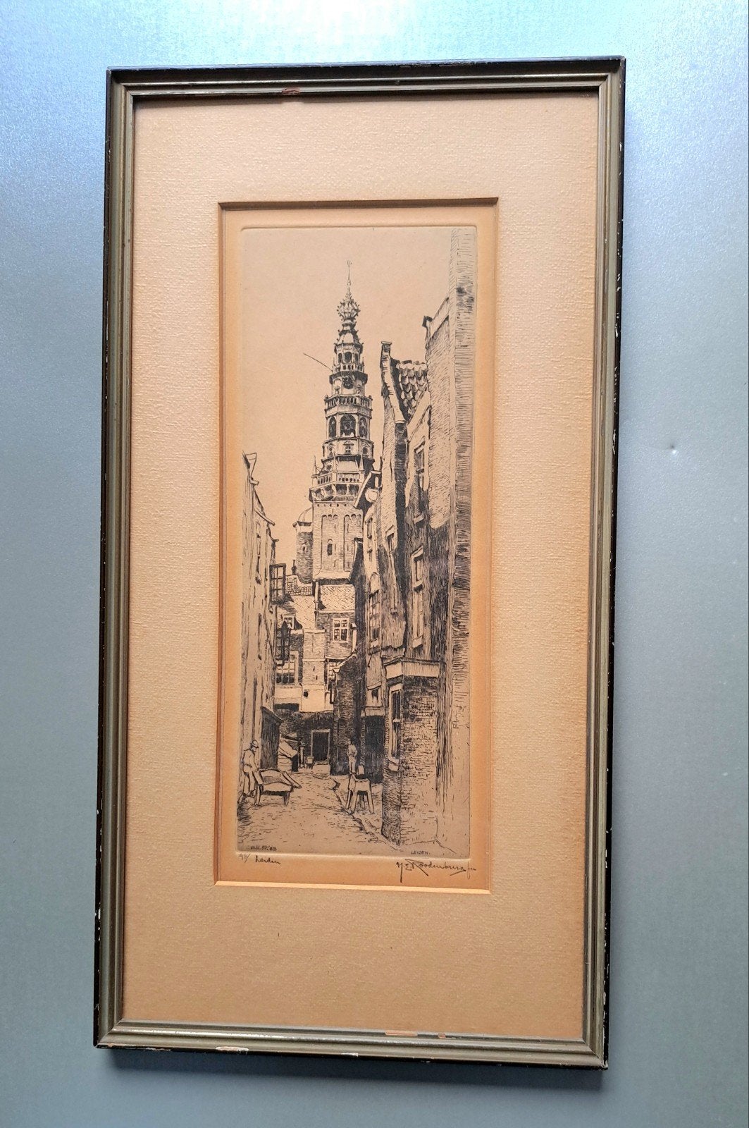 Stadhuistoren in Leiden, door H.E Roodenburg., Antiek en Kunst, Kunst | Etsen en Gravures, Ophalen, Ets, 24 cm, 45 cm