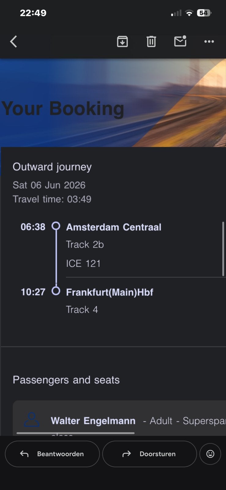 Treinticket enkele reis amsterdam -frankfurt 6 juni, Tickets en Kaartjes, Eén persoon, Trein, Met bestemming of datum