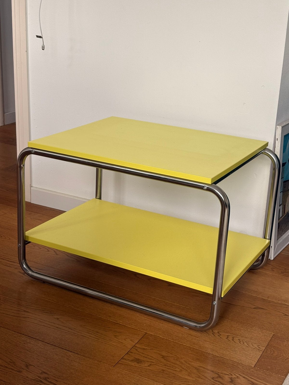 Ikea Baggboda salontafel / bijzettafel chroom met geel blad, Gebruikt, Metaal of Aluminium, 55 tot 75 cm, Rechthoekig