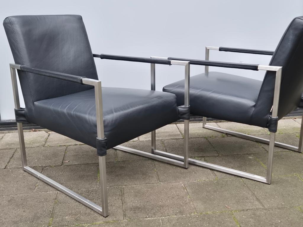 Top design fauteuils Bert Plantagie zwart leer rvs  clark, Huis en Inrichting, Fauteuils, Gebruikt, Leer, Metaal, 50 tot 75 cm