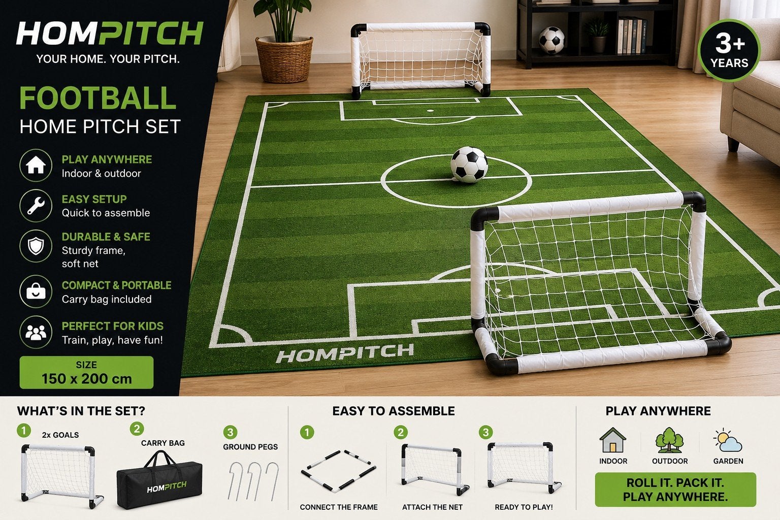 Kindervoetbal speelmat 23 m met 2 doelen | Voetbalset voor, Ophalen of Verzenden, Nieuw