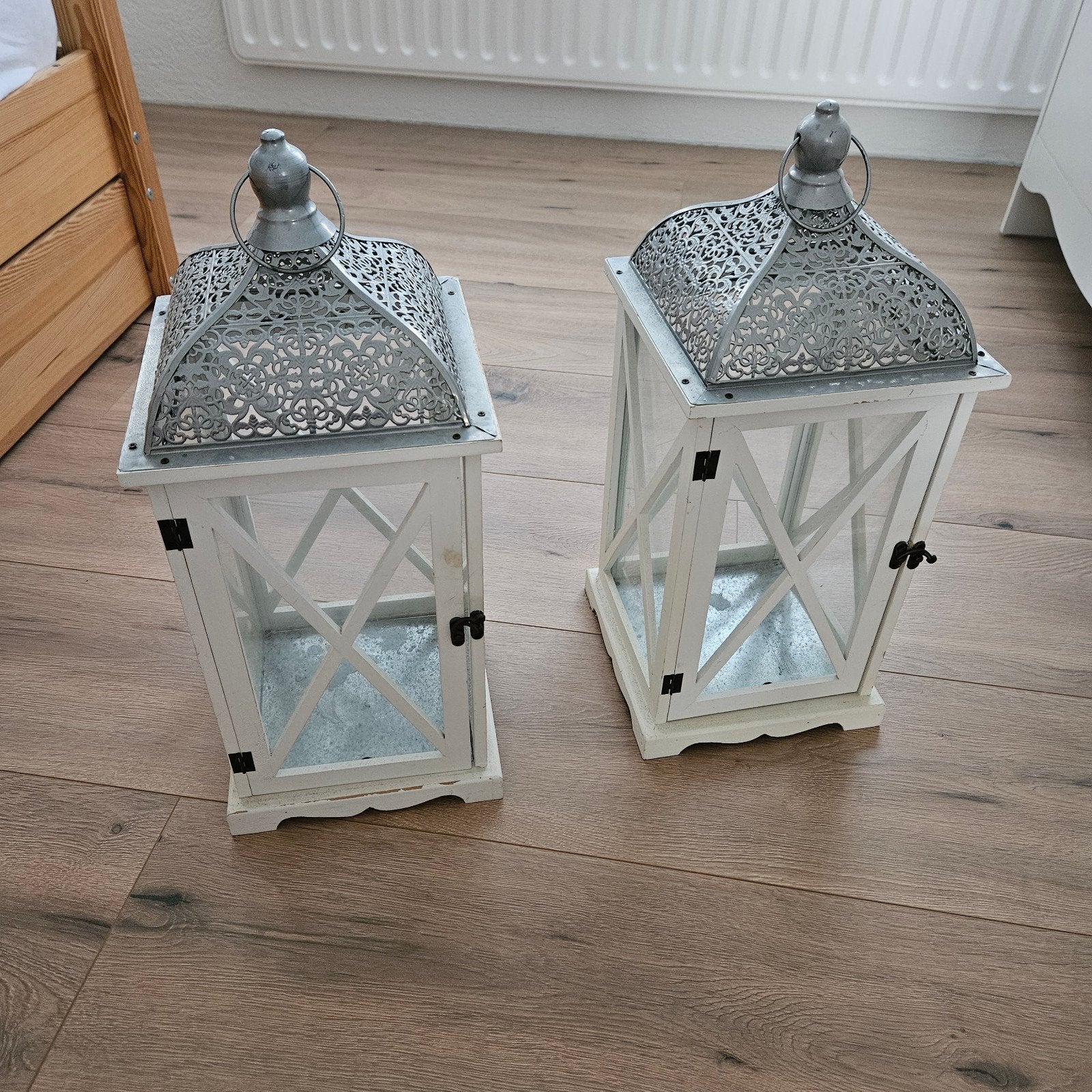 Set van 2 landelijke houten lantaarns / windlichten, Ophalen, Wit, Hout, Kaars