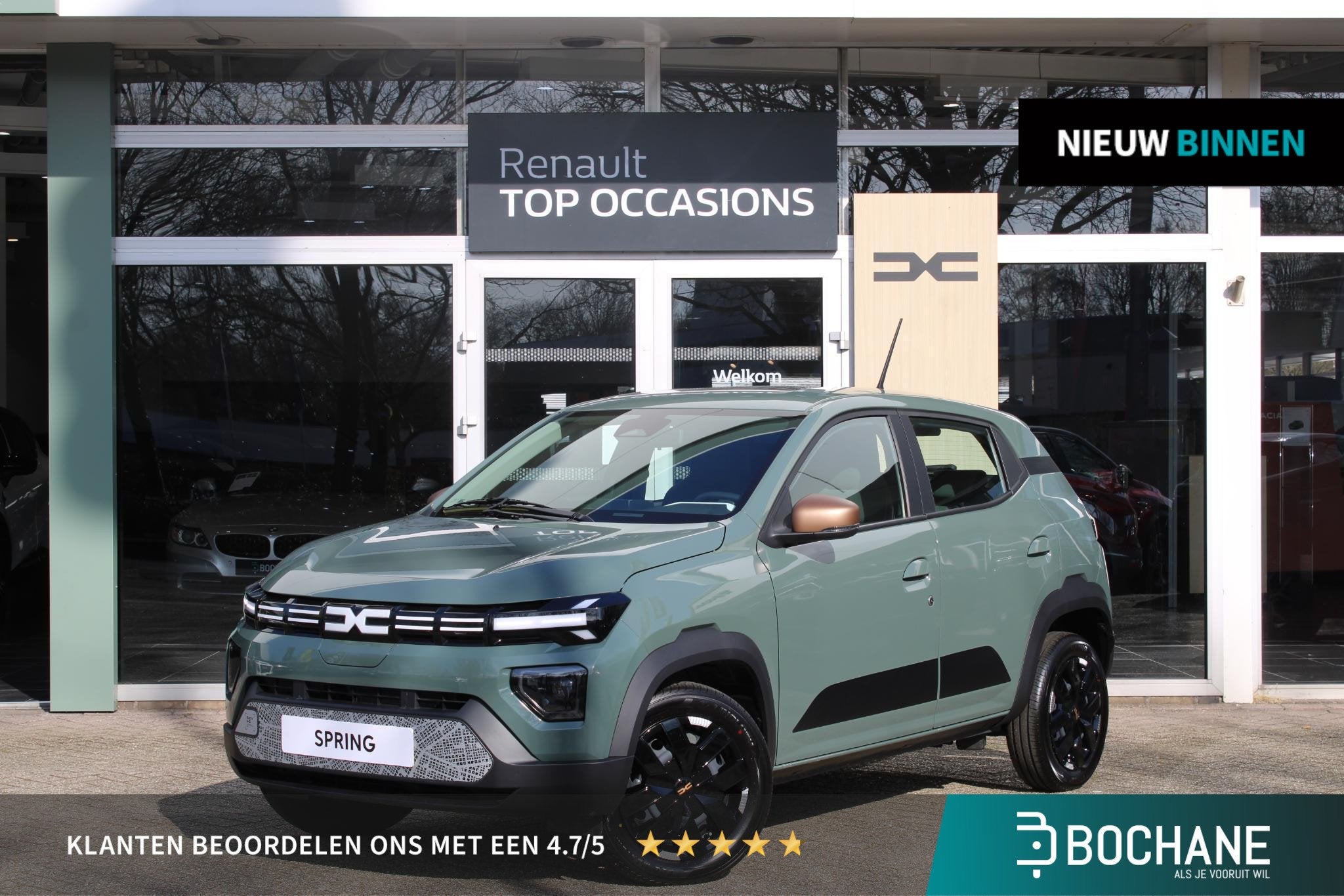 Dacia Spring Extreme 65 26.8 kWh Lichen Kaki, Auto's, 4 stoelen, Leder en Stof, Origineel Nederlands, Nieuw