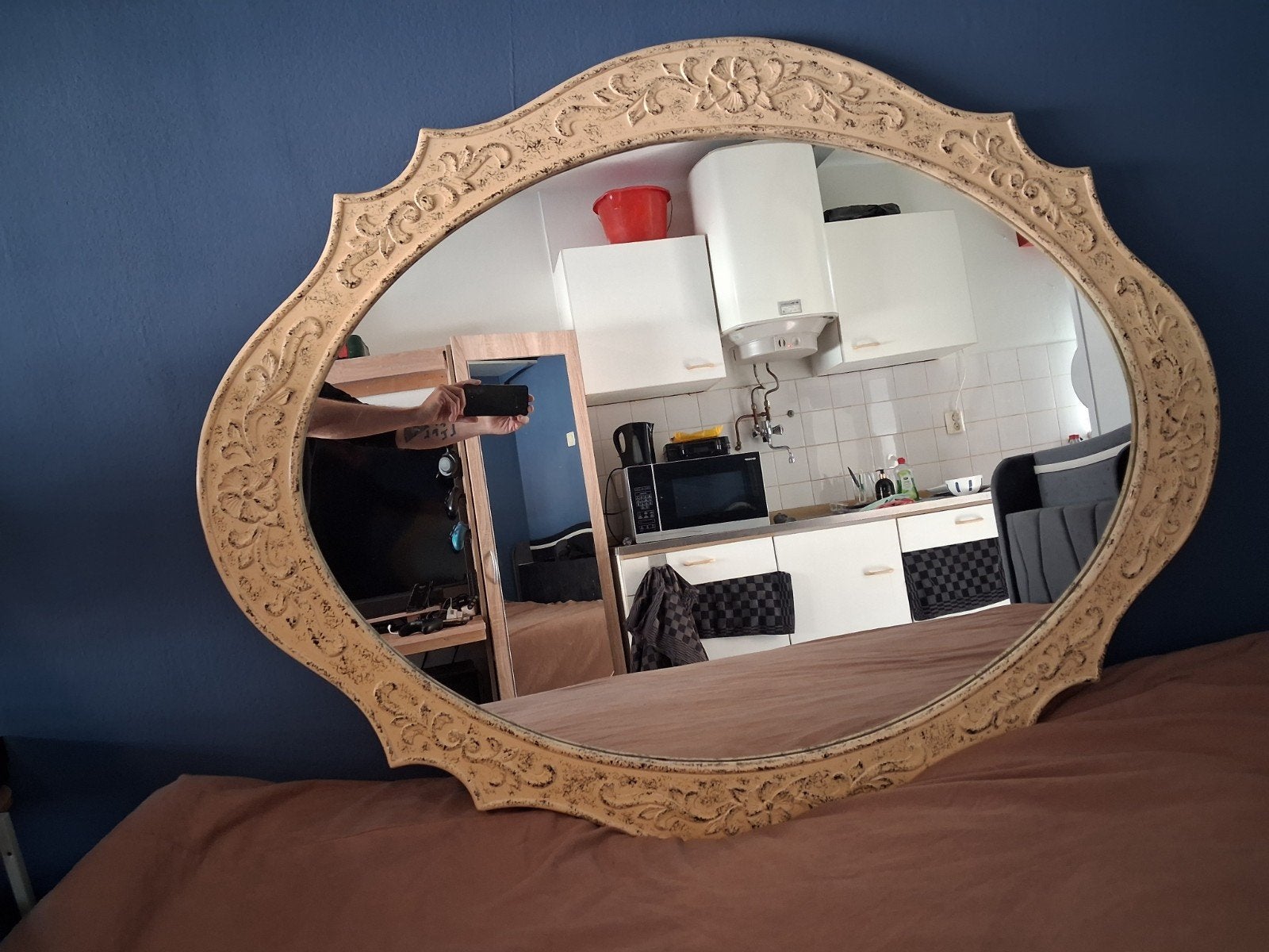 Grote Barok Spiegel beige 134x104 cm, Antiek en Kunst, Ophalen, Ovaal, 100 tot 150 cm, 100 tot 150 cm