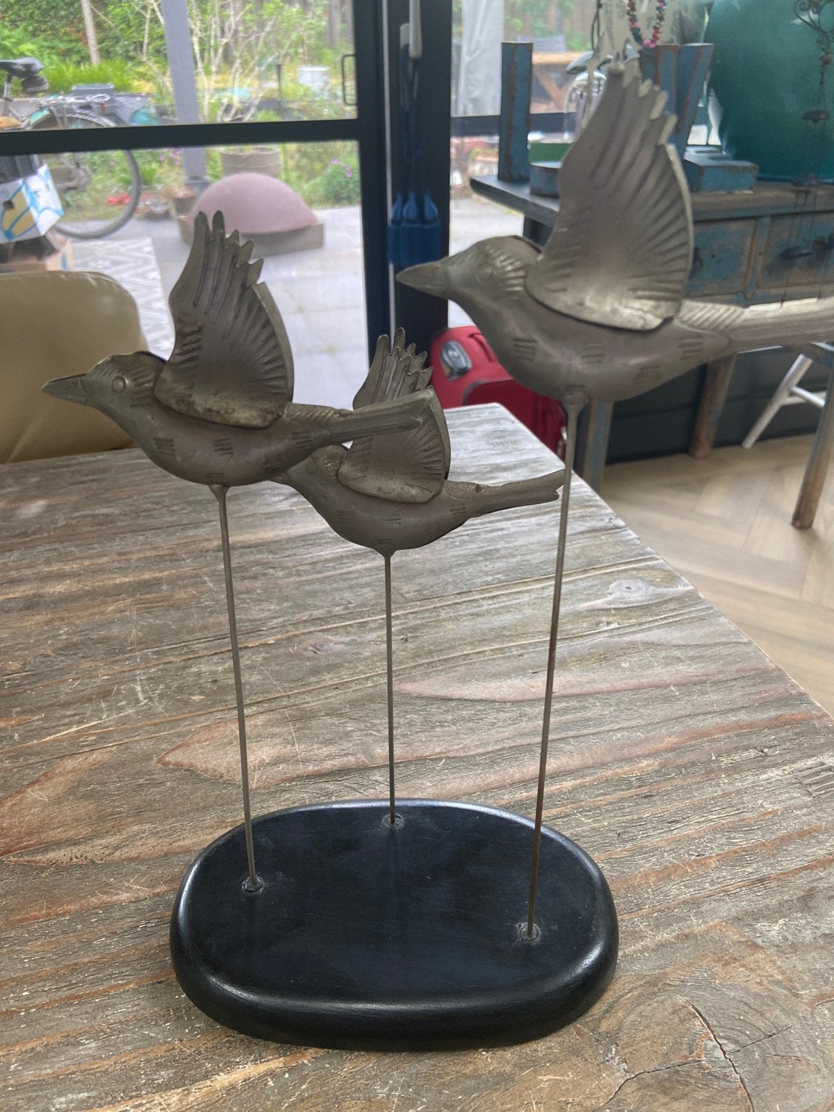 Vintage ‘70 standaard met 3 ijzeren vogels op draad, Ophalen of Verzenden