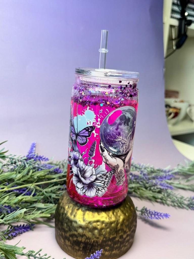 Witchy Snowglobe Tumbler Roze Glitter, Huis en Inrichting, Glas of Glazen, Verzenden, Nieuw, Overige stijlen