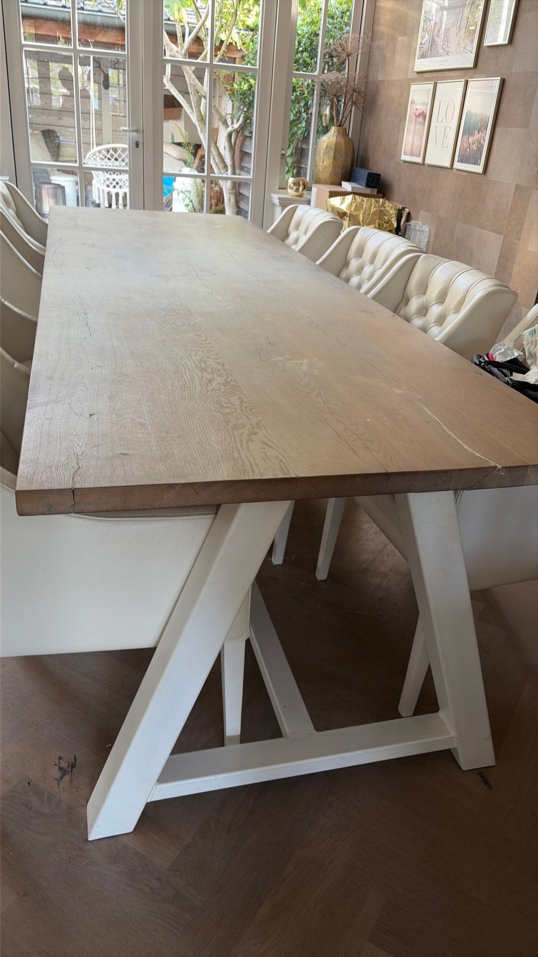 Grenen eettafel vergadertafel met ijzeren onderstel wit, Ophalen, 200 cm of meer, 50 tot 100 cm, Zo goed als nieuw