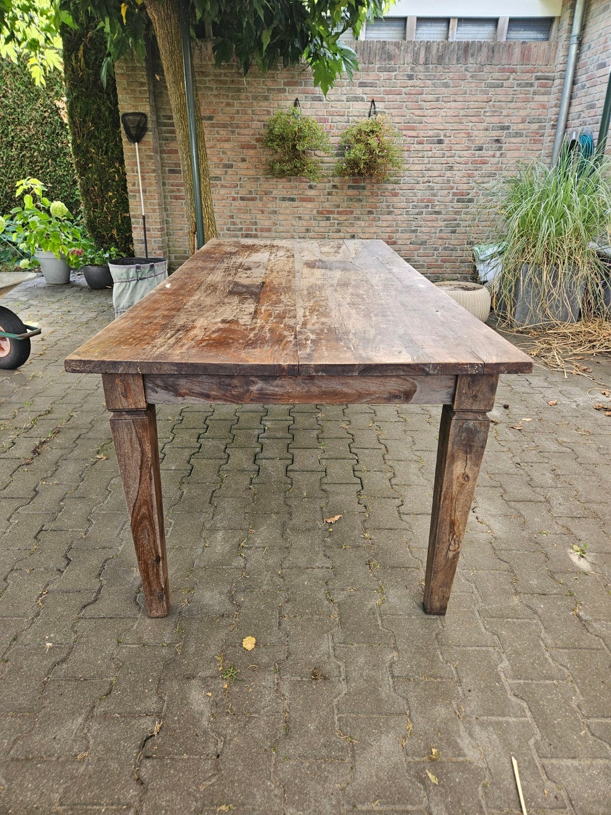 Oude teakhouten eettafel 225 cm, Ophalen, Gebruikt, Teakhout, 200 cm of meer