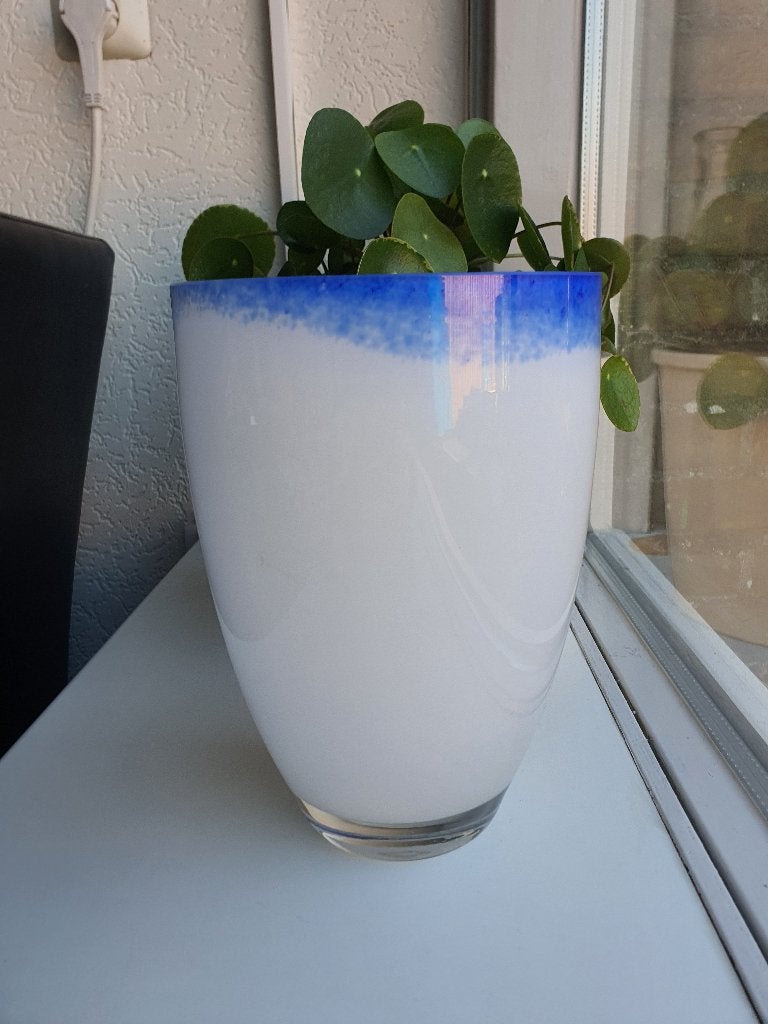 Handgeblazen glazen vaas wit/blauw design, Ophalen of Verzenden