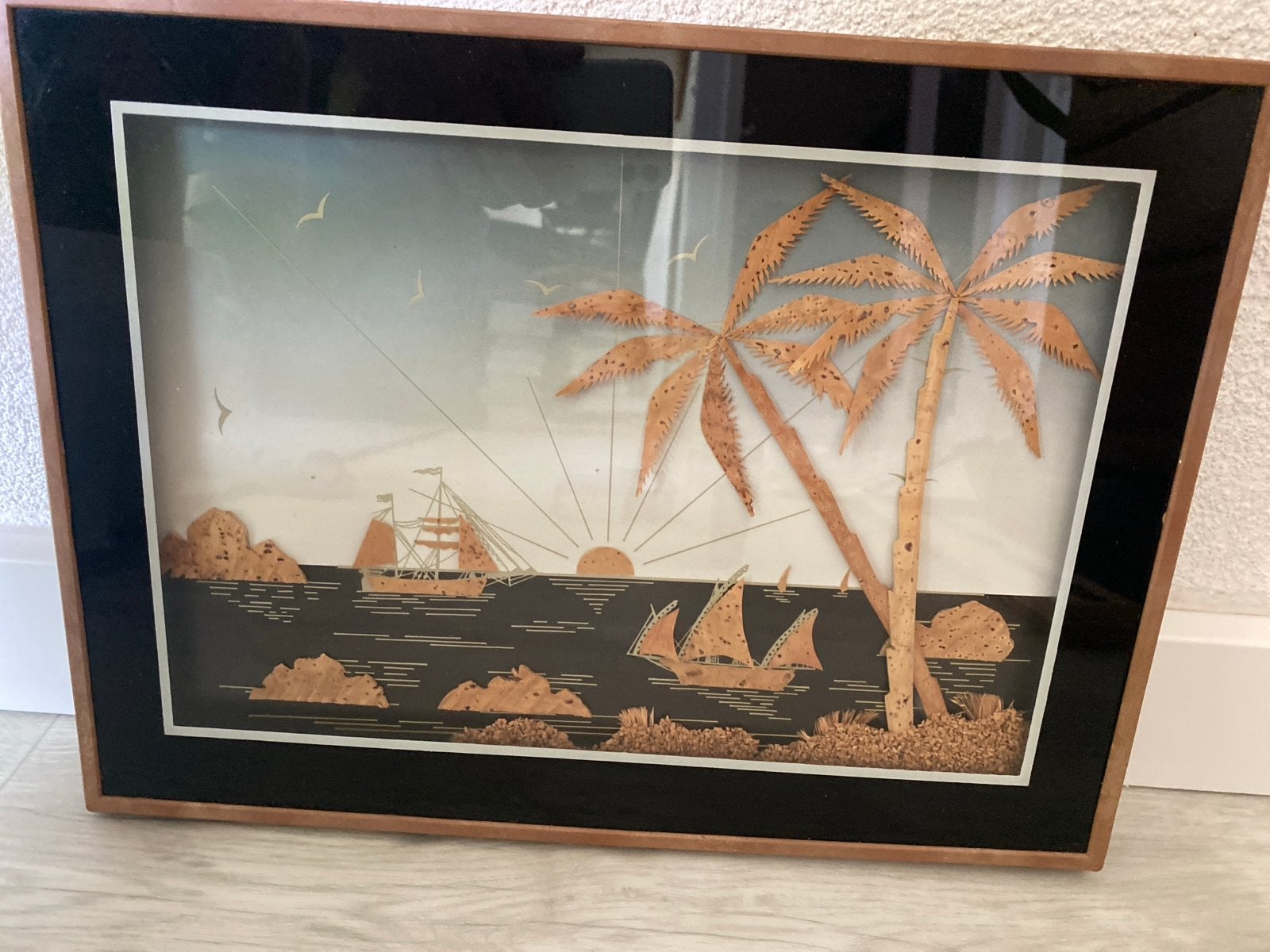 Vintage kurk kunstwerk: Tropisch strandgezicht met schepen, Ophalen of Verzenden